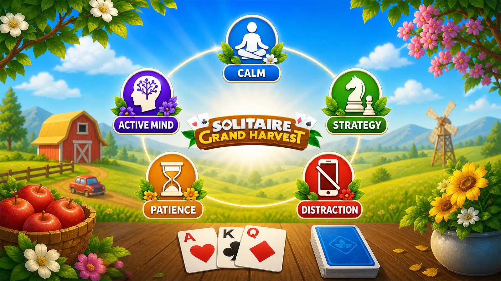 Infographic summarizing 5 potential brain benefits of playing Solitaire Grand Harvest