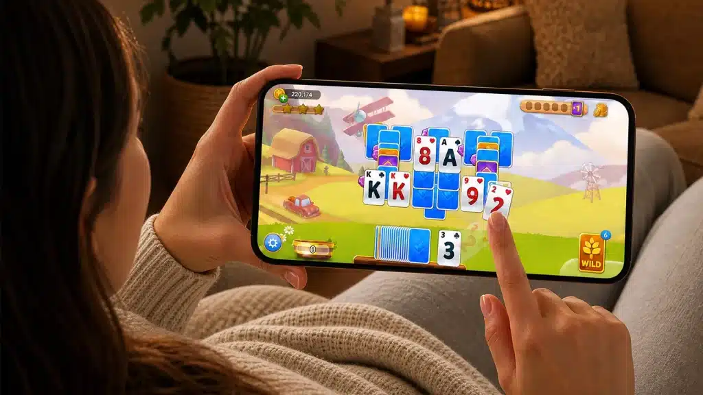 Close-up of hands playing a calm round of Solitaire Grand Harvest to unwind