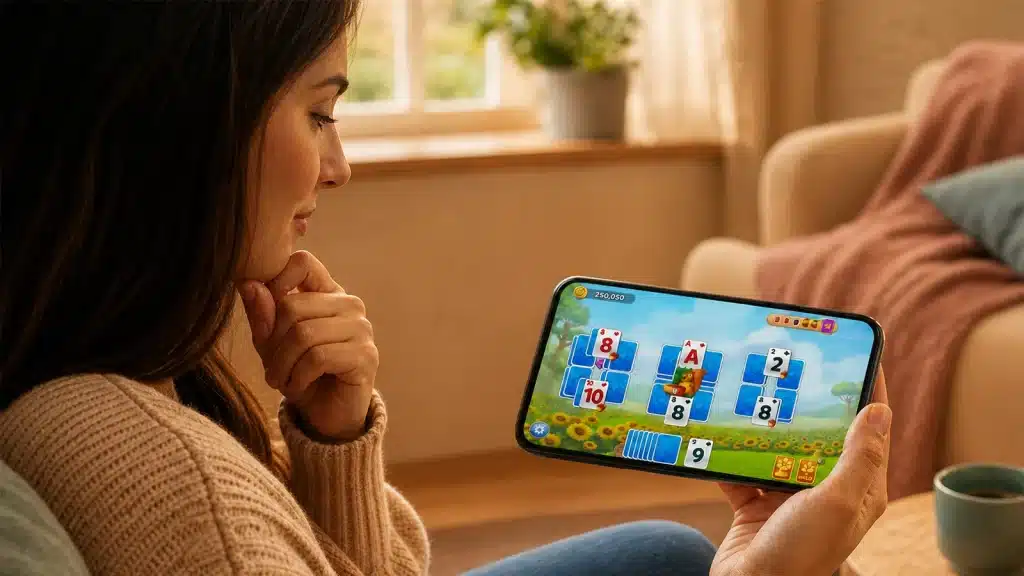 Person deep in thought while playing a strategic round of Solitaire Grand Harvest