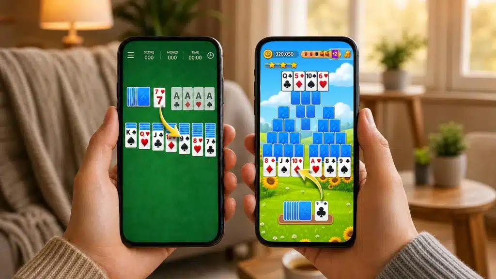 Side-by-side comparison of Klondike and Tri-Peaks Solitaire layouts showing key strategic moves