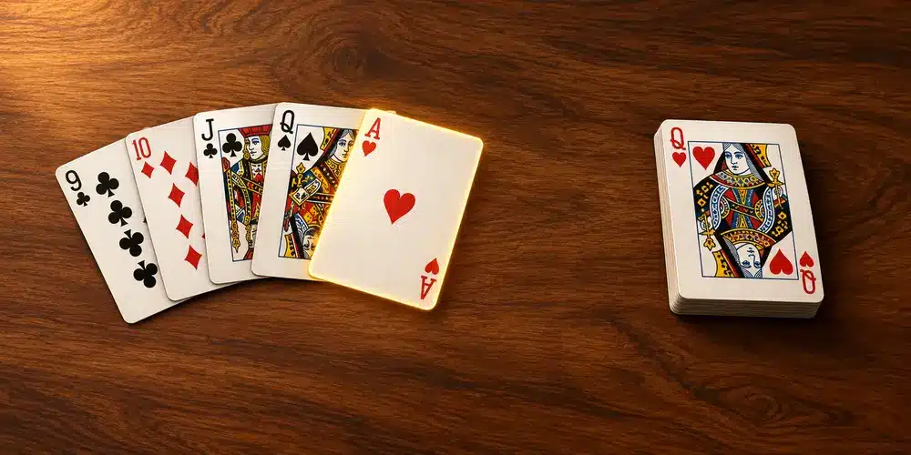 A euchre trump card beside a solitaire foundation pile, illustrating attack vs. defense moves