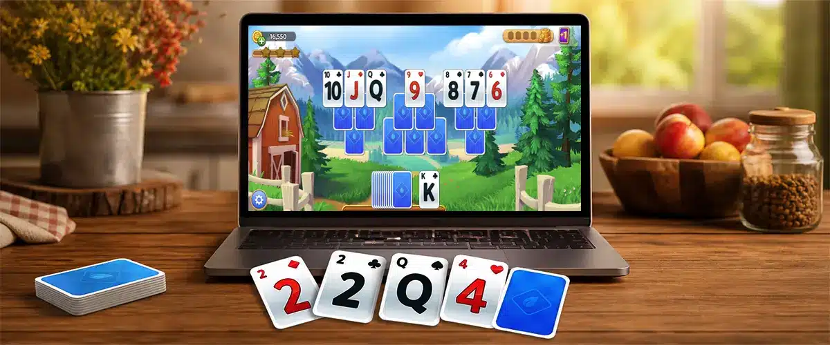 A deck of playing cards next to a desktop computer showing Solitaire Grand Harvest