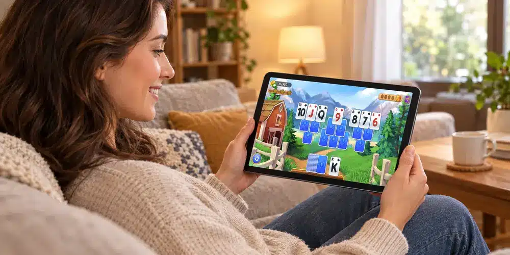 Person smiling while enjoying a game of Solitaire Grand Harvest