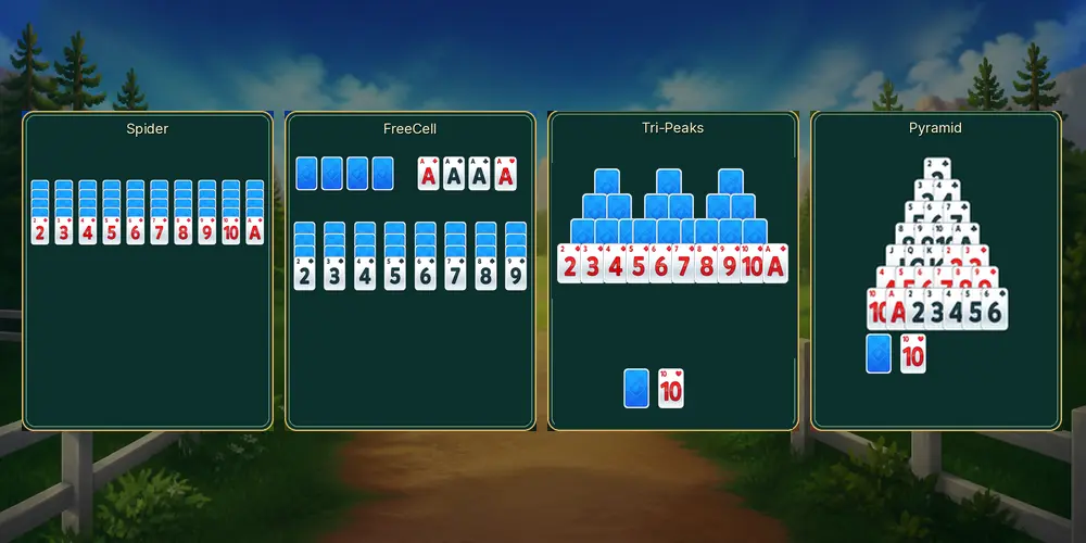 Four-panel comparison of Spider, FreeCell, Tri-Peaks, and Pyramid Solitaire layouts
