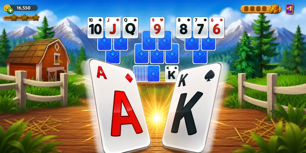 Two playing cards flipping in a game of War next to a calm game of Solitaire Grand Harvest