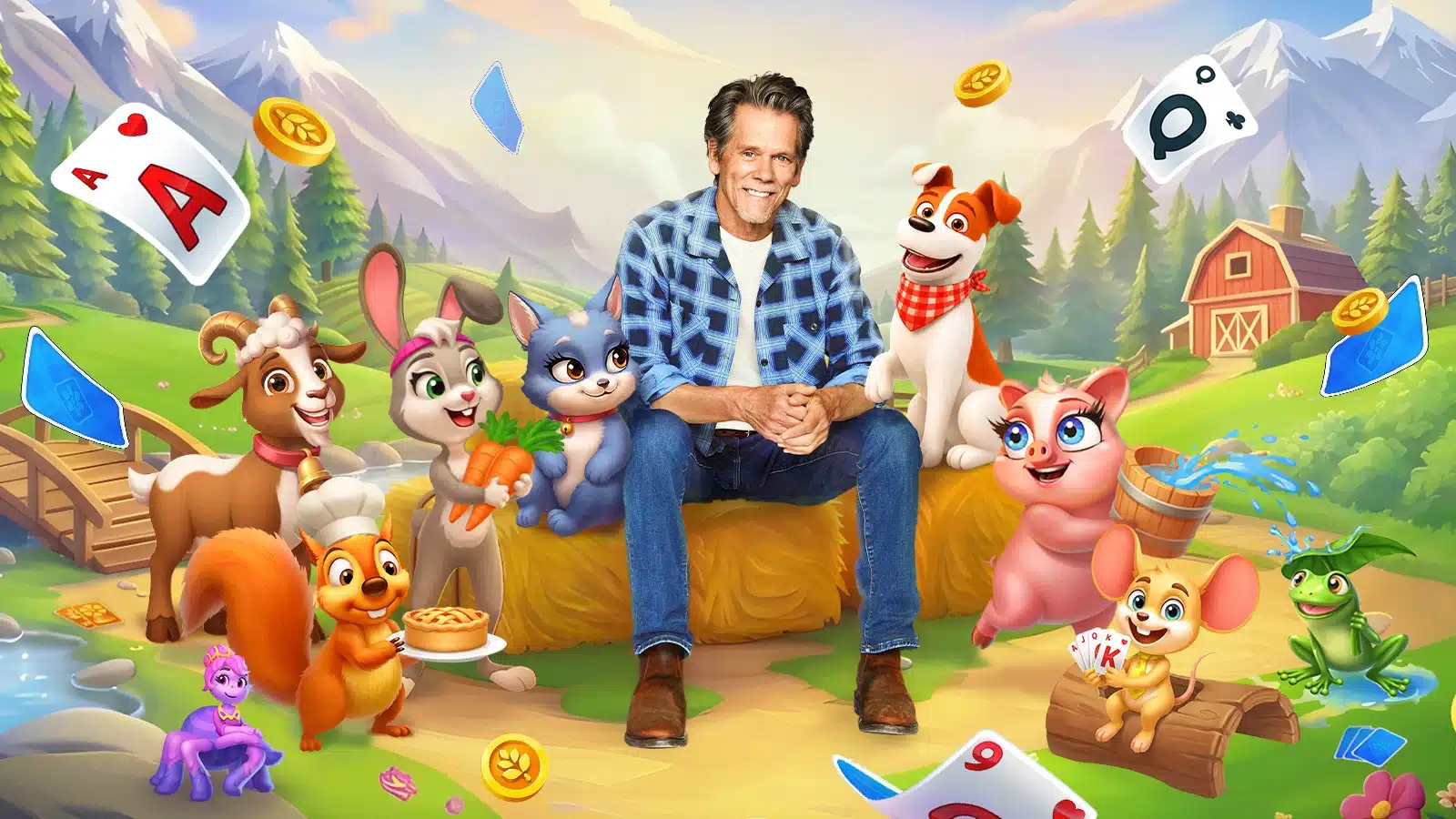 Kevin Bacon on his real farm alongside Solitaire Grand Harvest farm imagery, announcing the collaboration